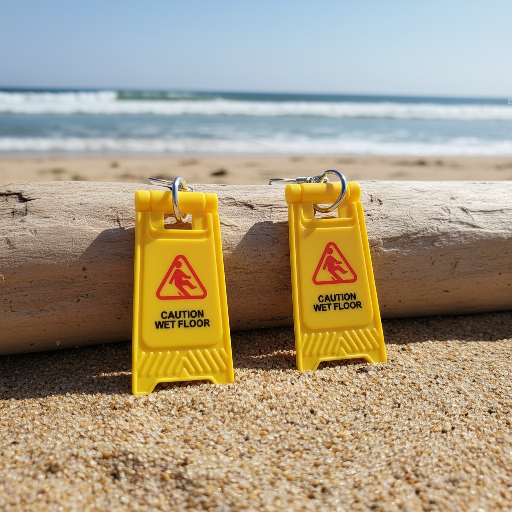 Caution Wet Floor Warning Sign Drop Earrings